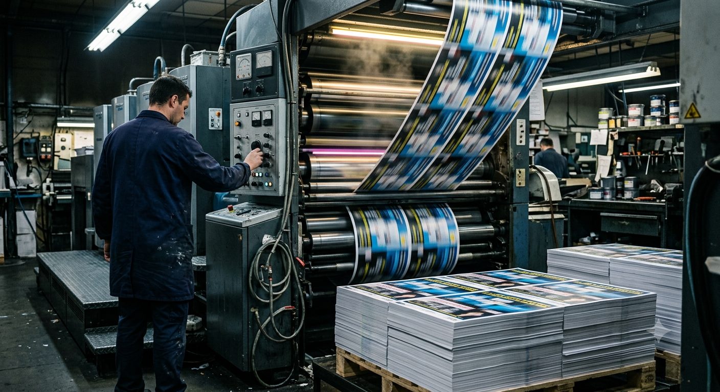 Imprimerie en fonctionnement, affiches du mouvement